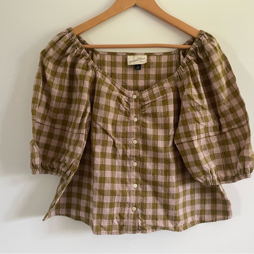 Universal Thread Brown and White Puff Sleeve Smocked Blouse